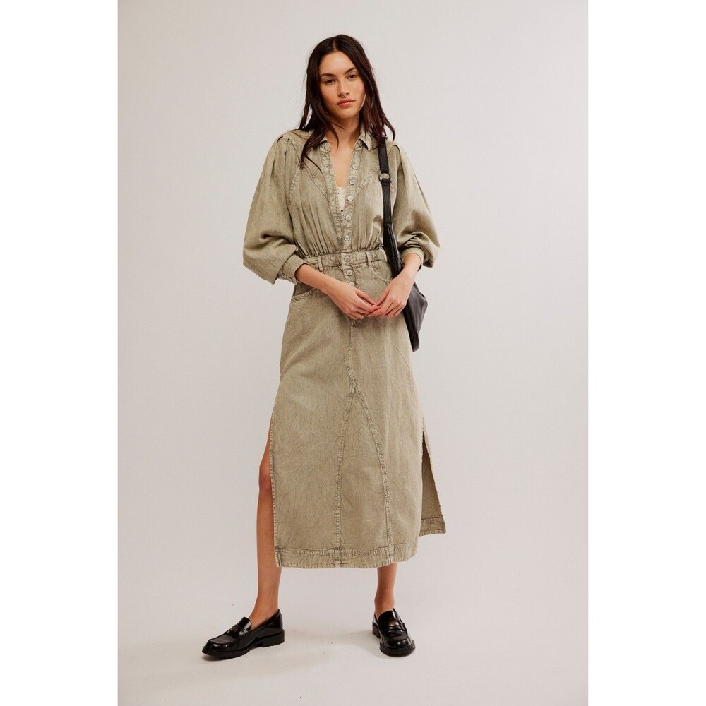 Free People Mad Love Denim Midi Dress Cotton Collared Long Sleeve XS 287960